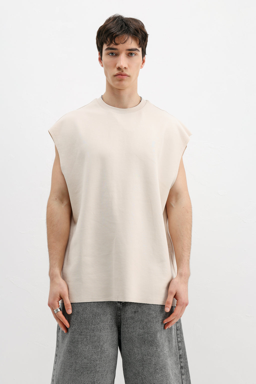 Oversize Kolsuz Basic Tişört Taş