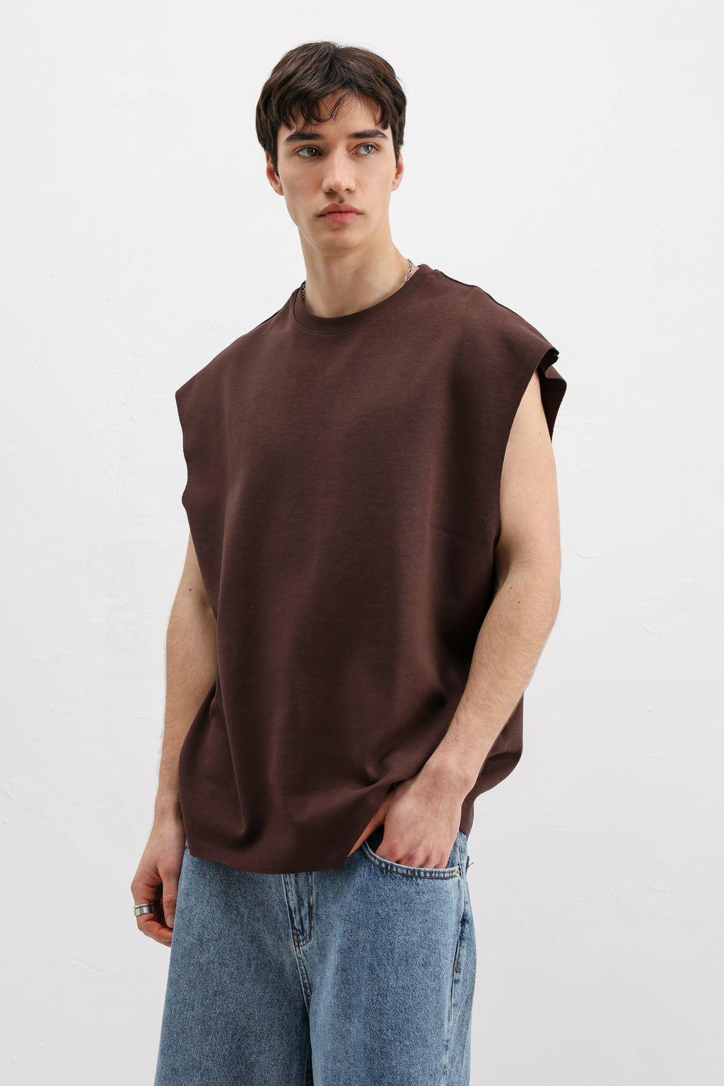 Oversize Kolsuz Basic Tişört Kahve