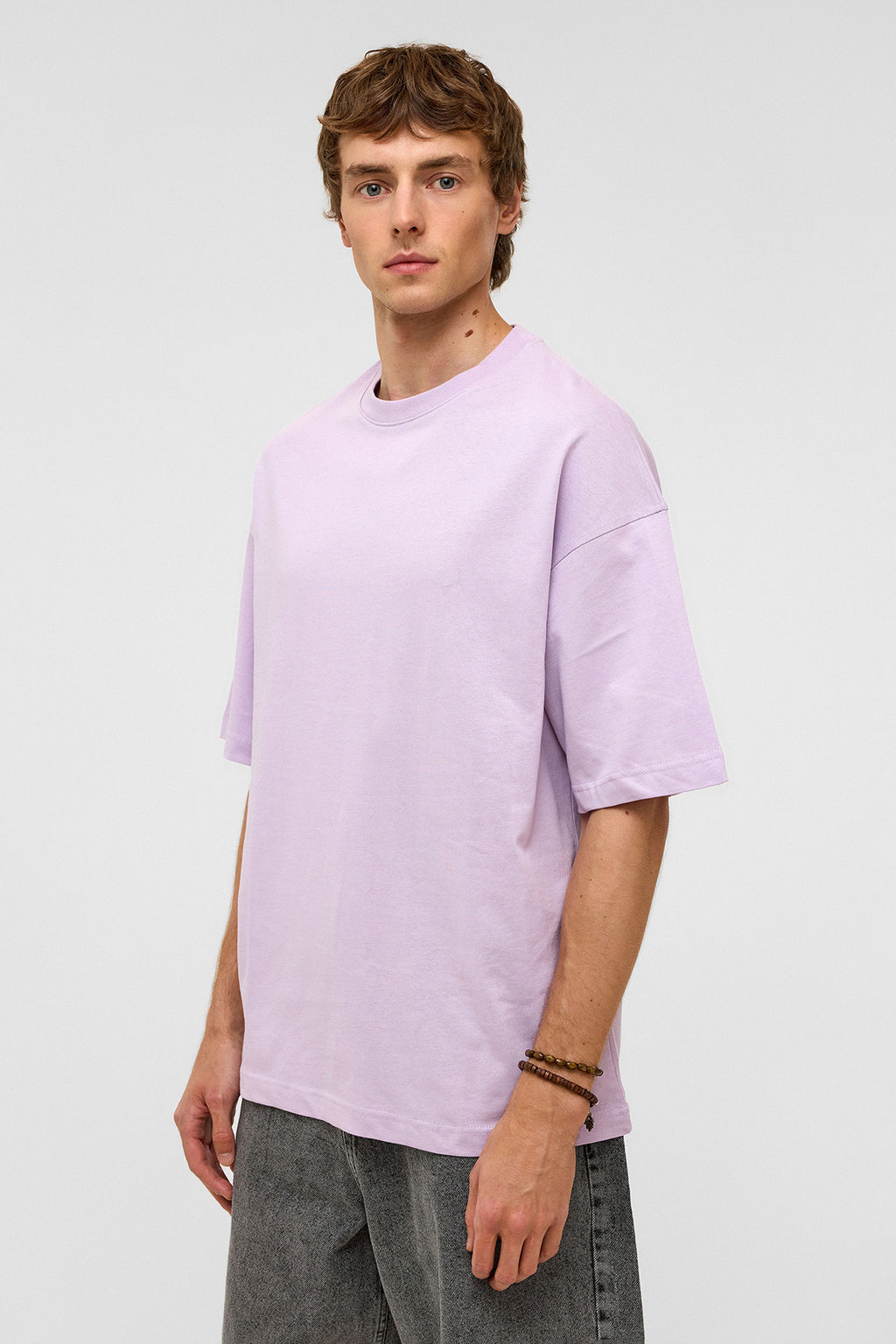 Basic Oversize Bisiklet Yaka Tişört Lila