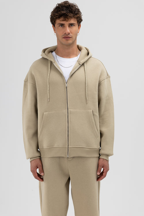 Basic Fermuarlı Oversize Kapüşonlu Sweatshirt Haki