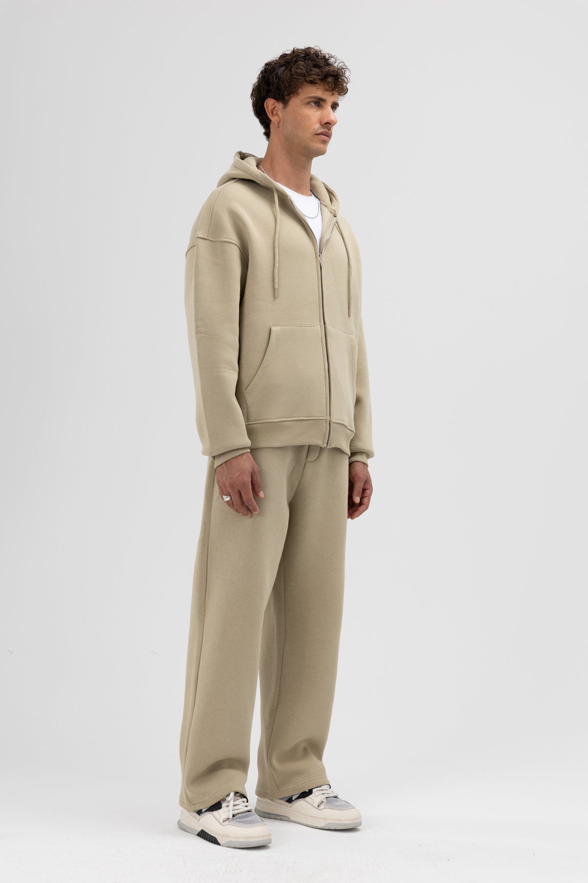 Basic Fermuarlı Oversize Kapüşonlu Sweatshirt Haki