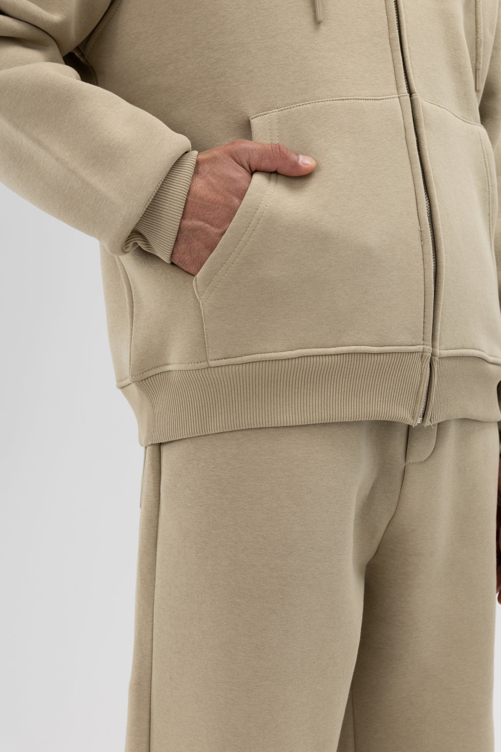 Basic Fermuarlı Oversize Kapüşonlu Sweatshirt Haki