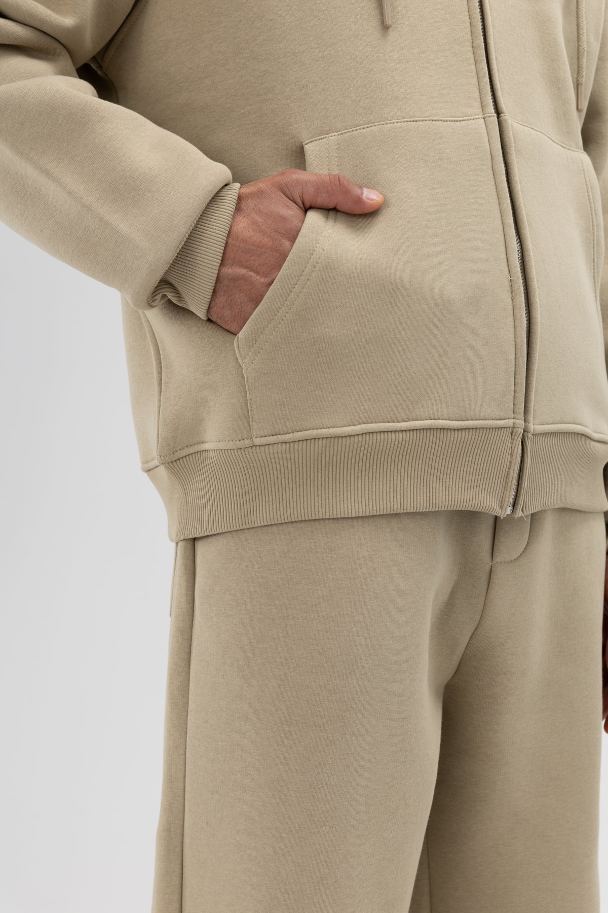 Basic Fermuarlı Oversize Kapüşonlu Sweatshirt Haki