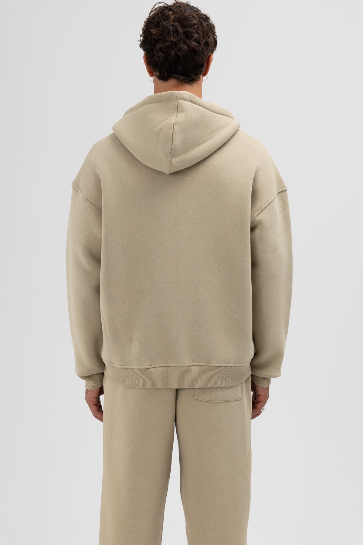 Basic Fermuarlı Oversize Kapüşonlu Sweatshirt Haki