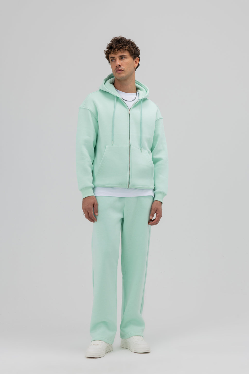 Basic Fermuarlı Oversize Kapüşonlu Sweatshirt Mint