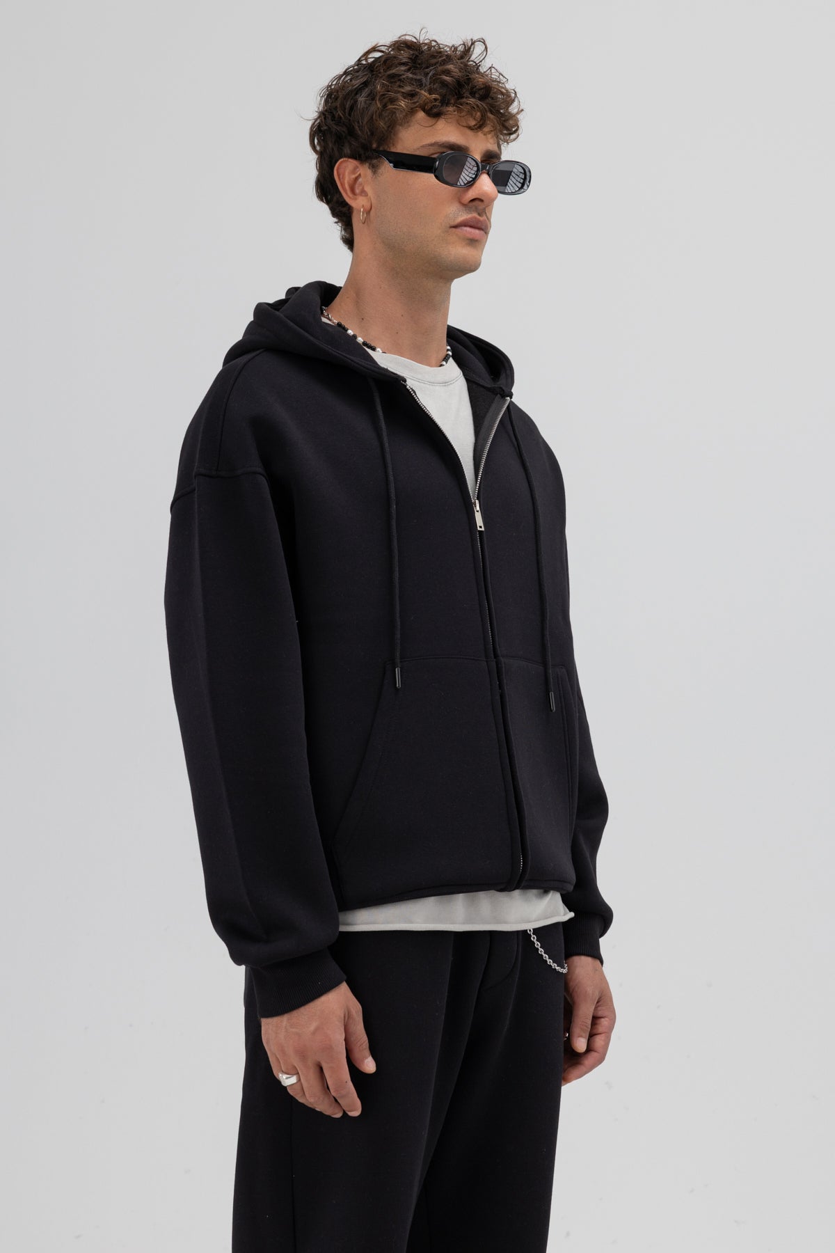 Basic Fermuarlı Oversize Kapüşonlu Sweatshirt Siyah