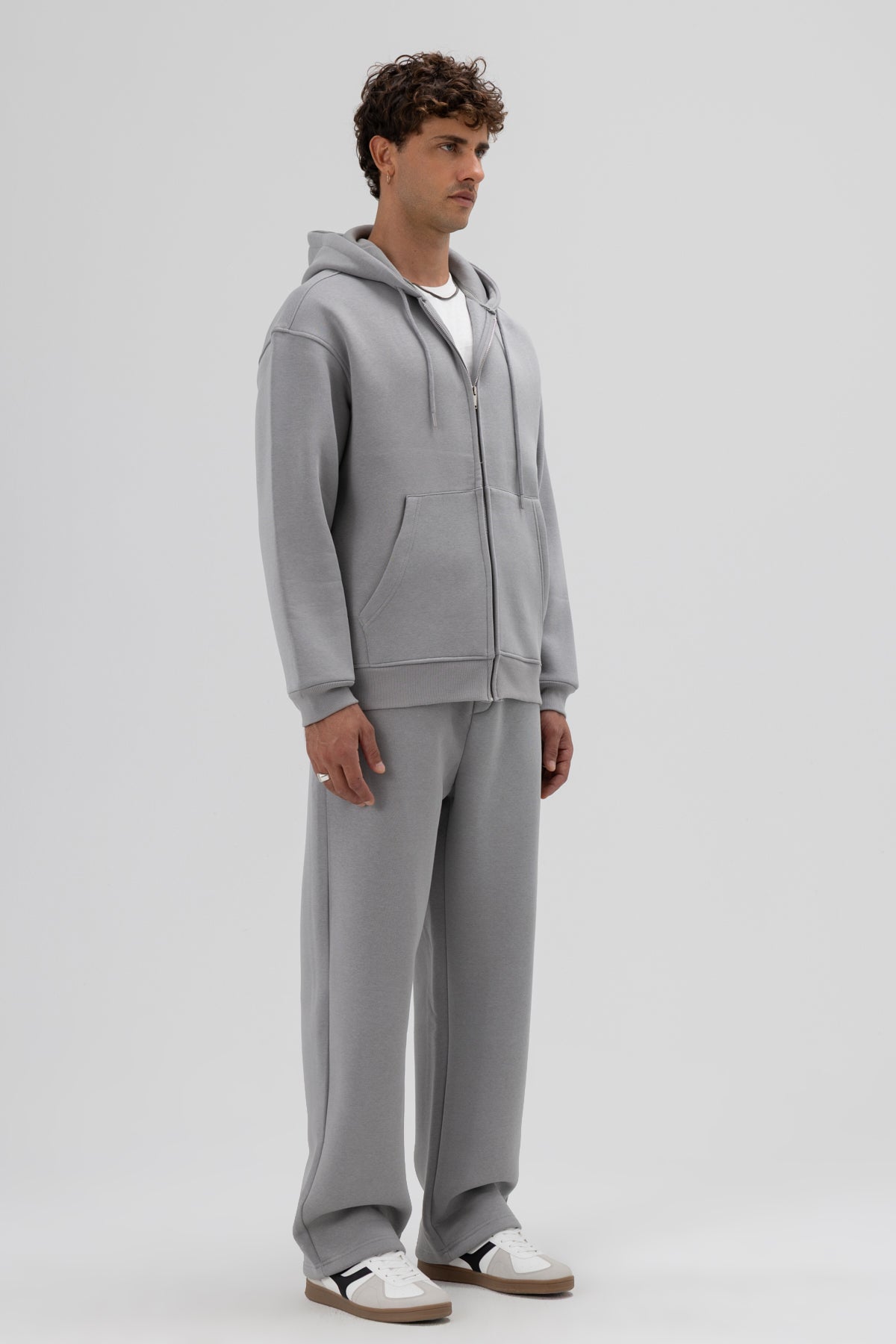 Basic Fermuarlı Oversize Kapüşonlu Sweatshirt Gri