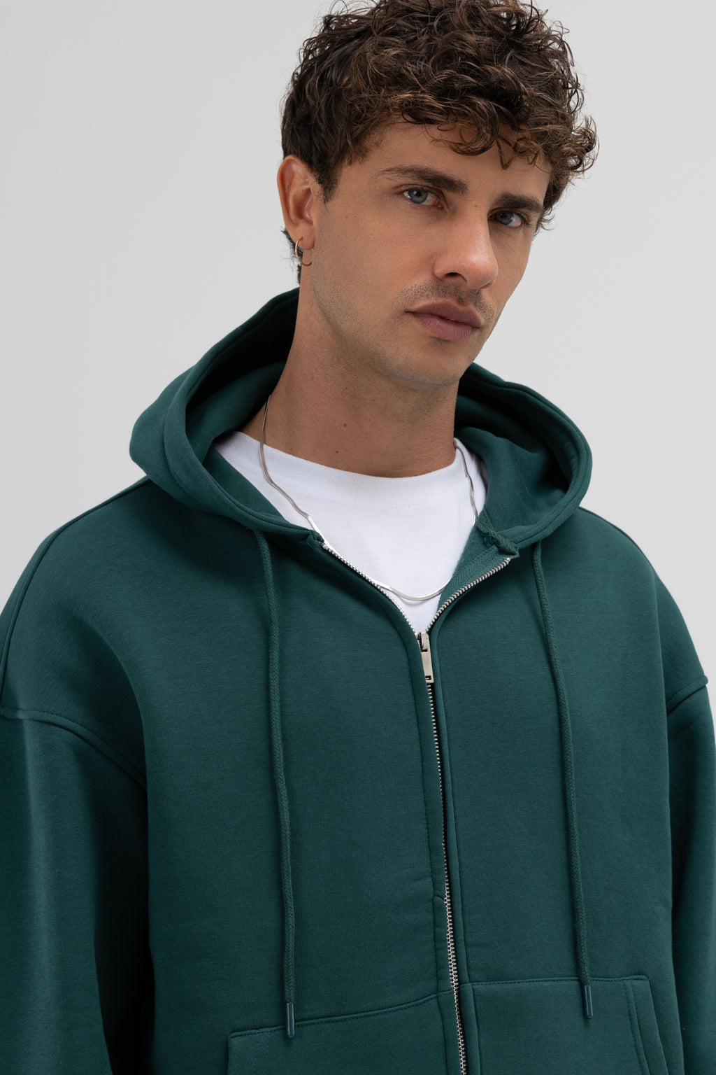 Basic Fermuarlı Oversize Kapüşonlu Sweatshirt Nefti