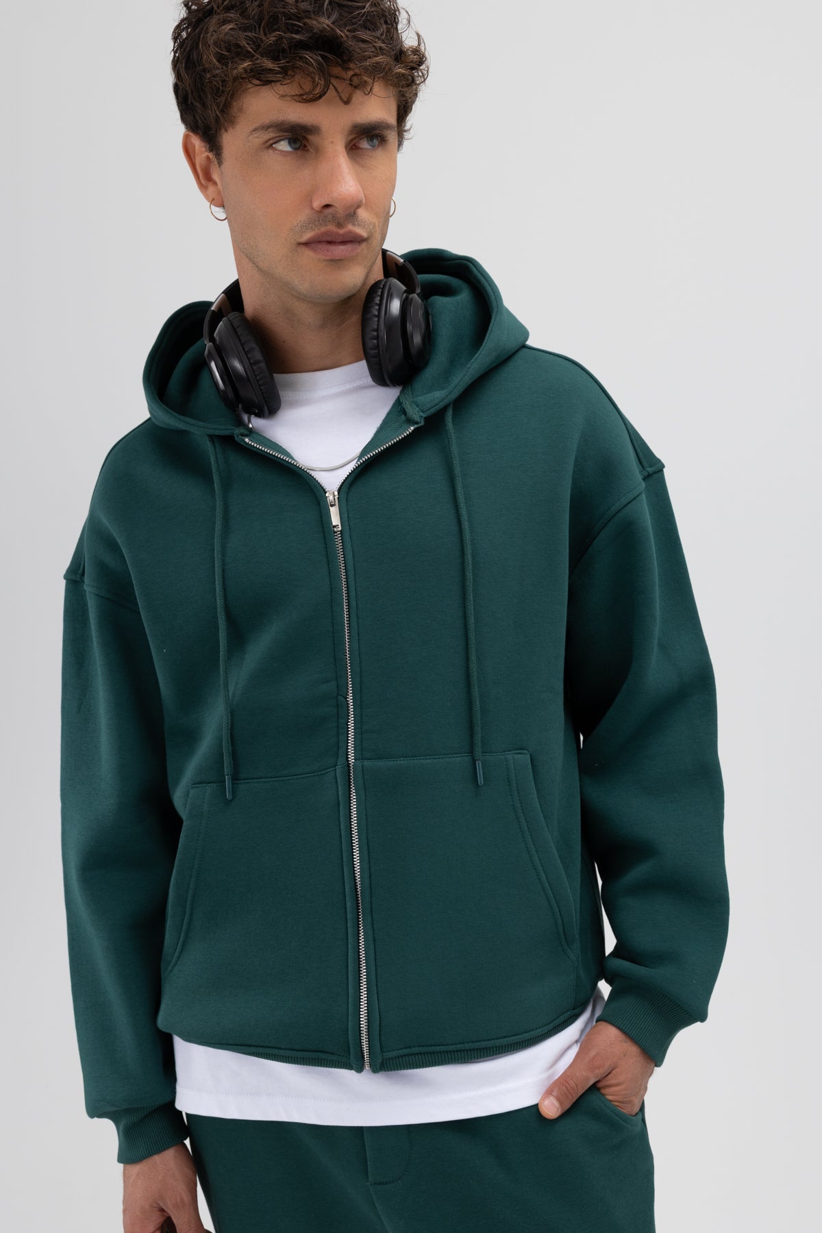 Basic Fermuarlı Oversize Kapüşonlu Sweatshirt Nefti