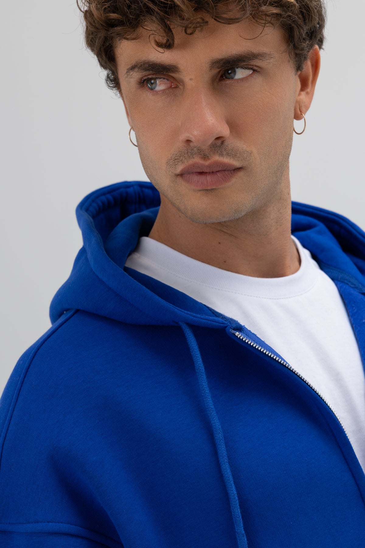 Basic Fermuarlı Oversize Kapüşonlu Sweatshirt Saks