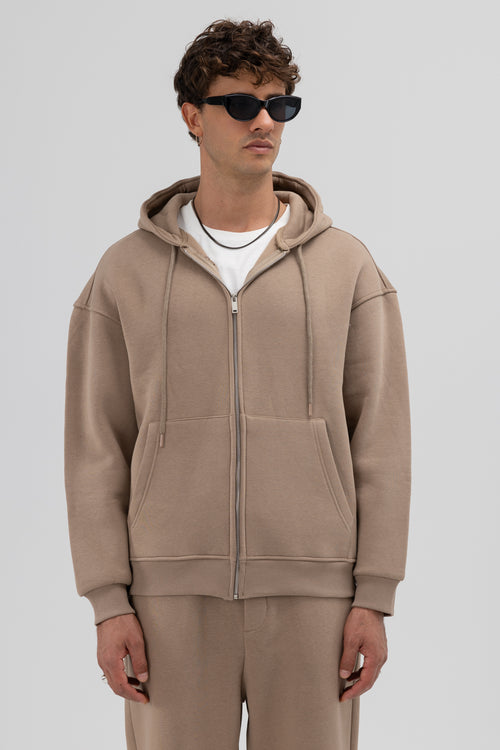 Basic Fermuarlı Oversize Kapüşonlu Sweatshirt Vizon