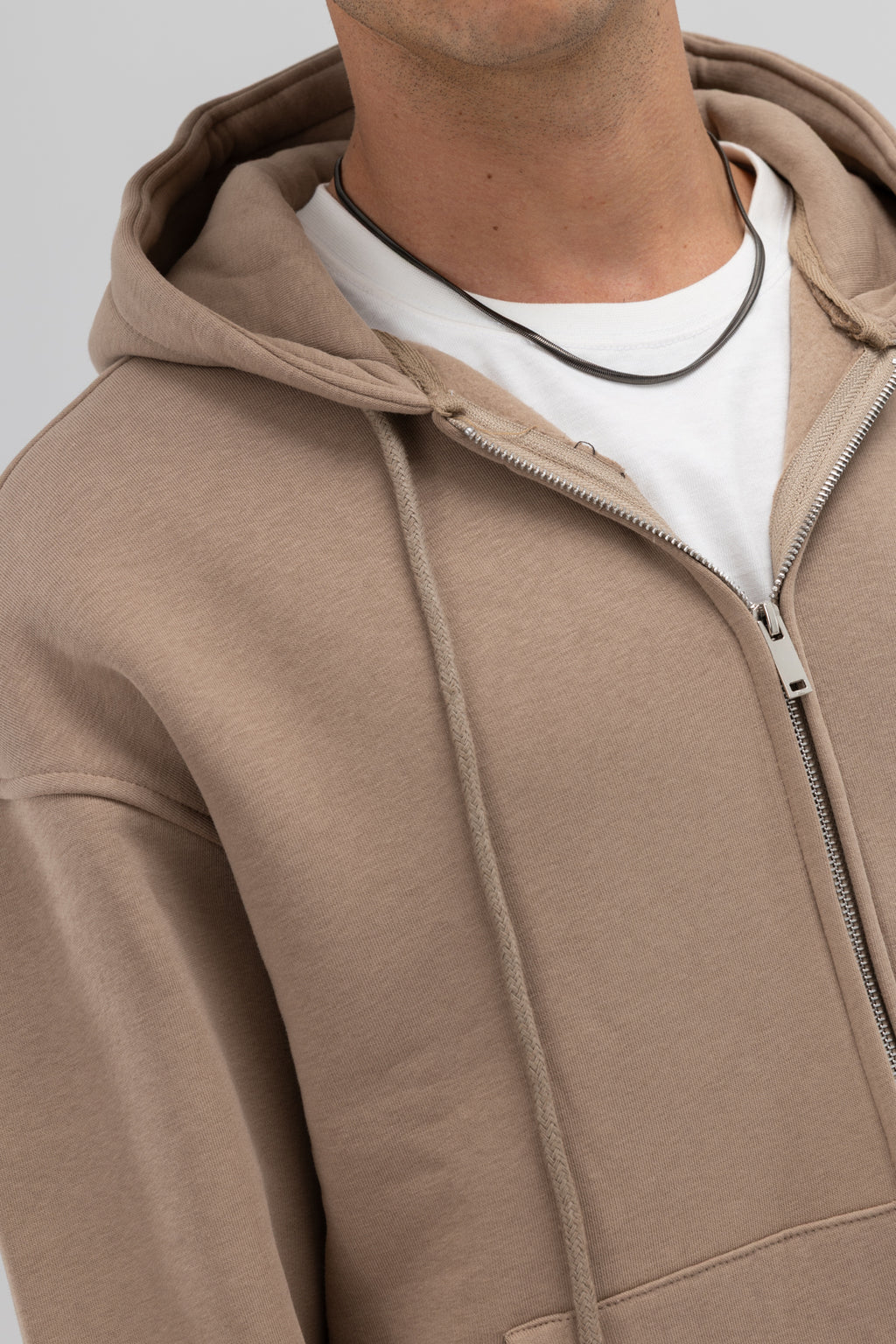 Basic Fermuarlı Oversize Kapüşonlu Sweatshirt Vizon