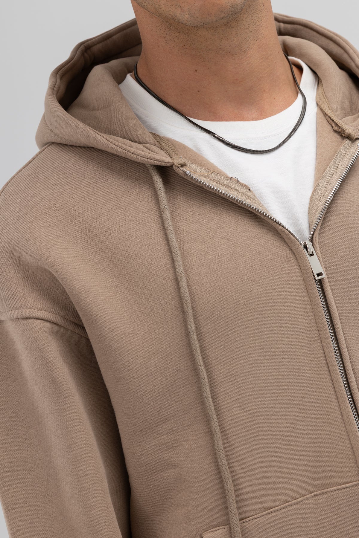 Basic Fermuarlı Oversize Kapüşonlu Sweatshirt Vizon
