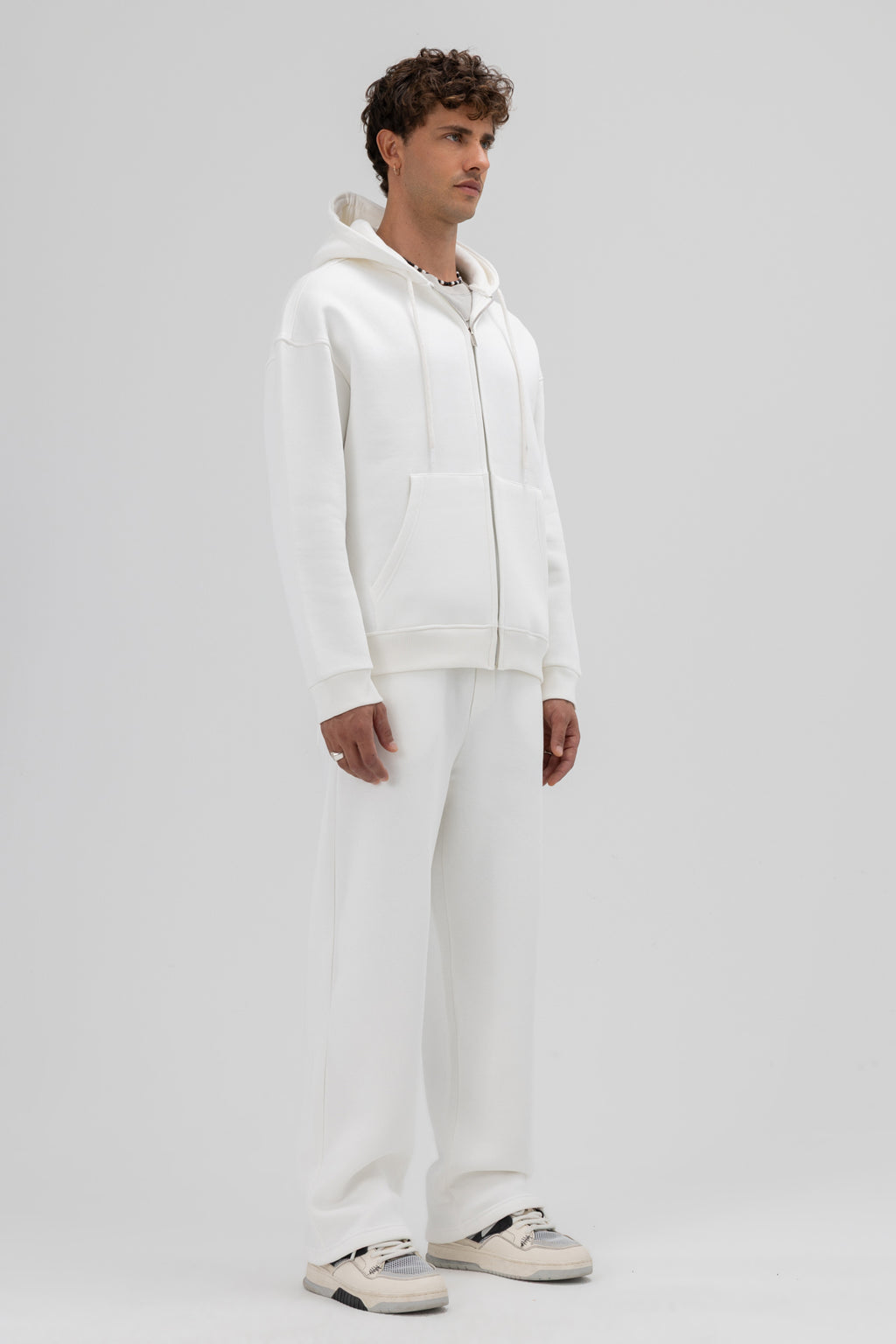 Basic Fermuarlı Oversize Kapüşonlu Sweatshirt Ekru