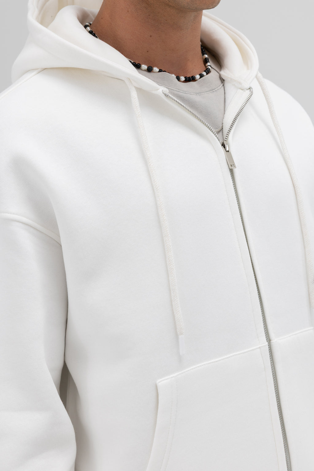 Basic Fermuarlı Oversize Kapüşonlu Sweatshirt Ekru