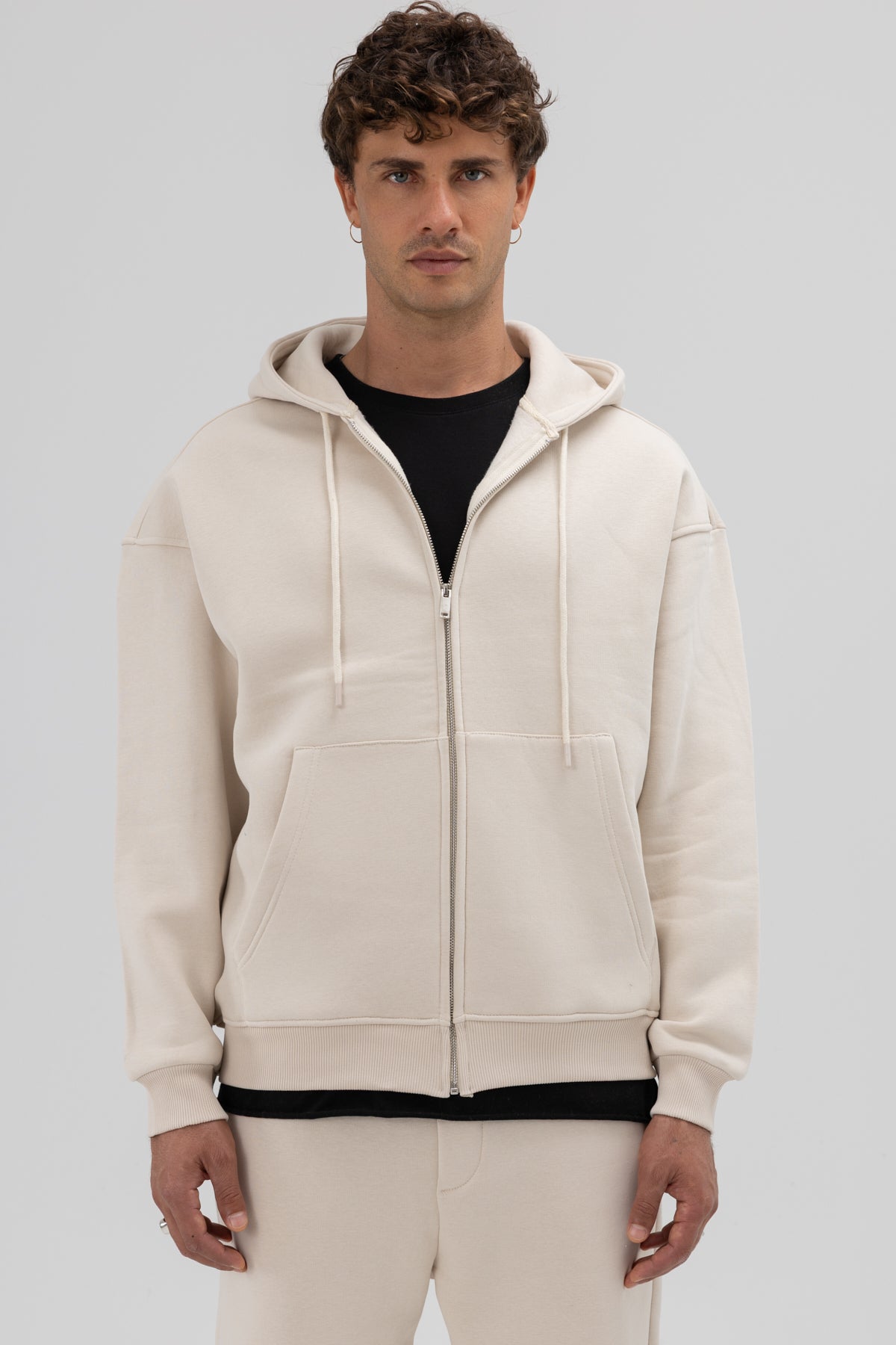 Basic Fermuarlı Oversize Kapüşonlu Sweatshirt Taş