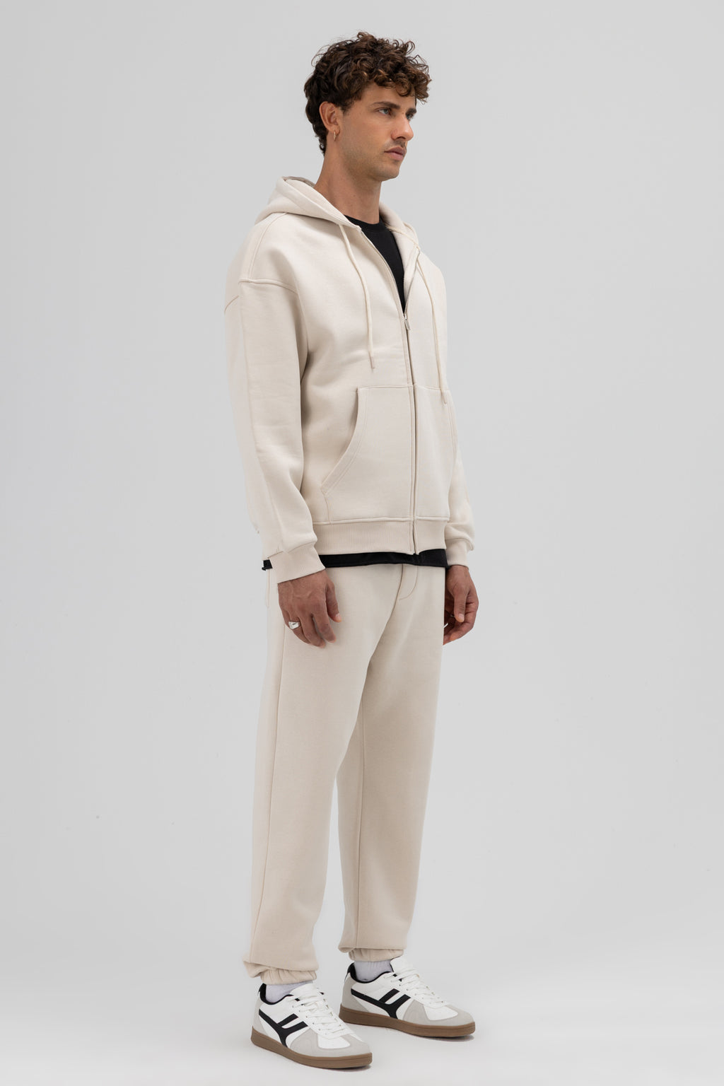 Basic Fermuarlı Oversize Kapüşonlu Sweatshirt Taş