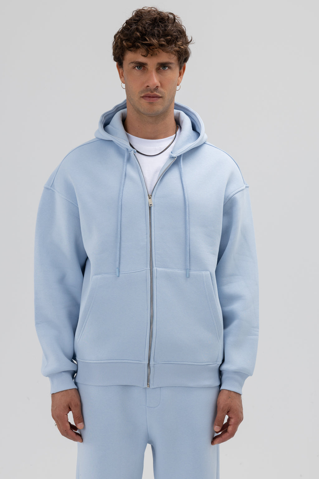 Basic Fermuarlı Oversize Kapüşonlu Sweatshirt Bebe Mavi
