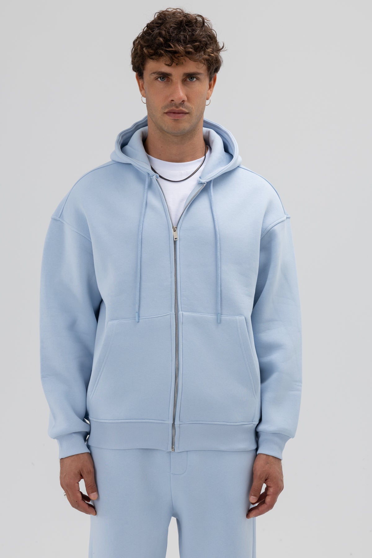 Basic Fermuarlı Oversize Kapüşonlu Sweatshirt Bebe Mavi