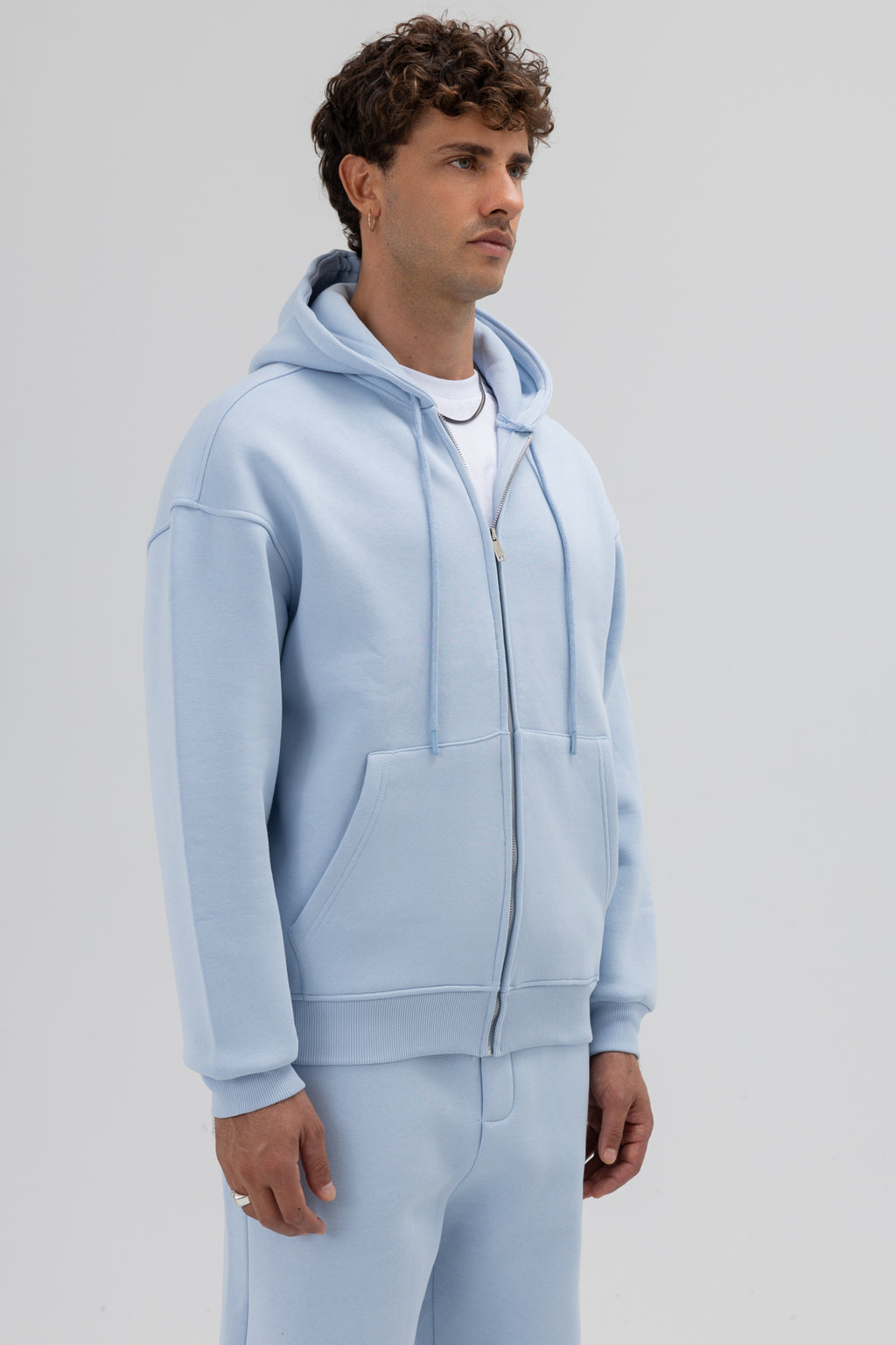 Basic Fermuarlı Oversize Kapüşonlu Sweatshirt Bebe Mavi