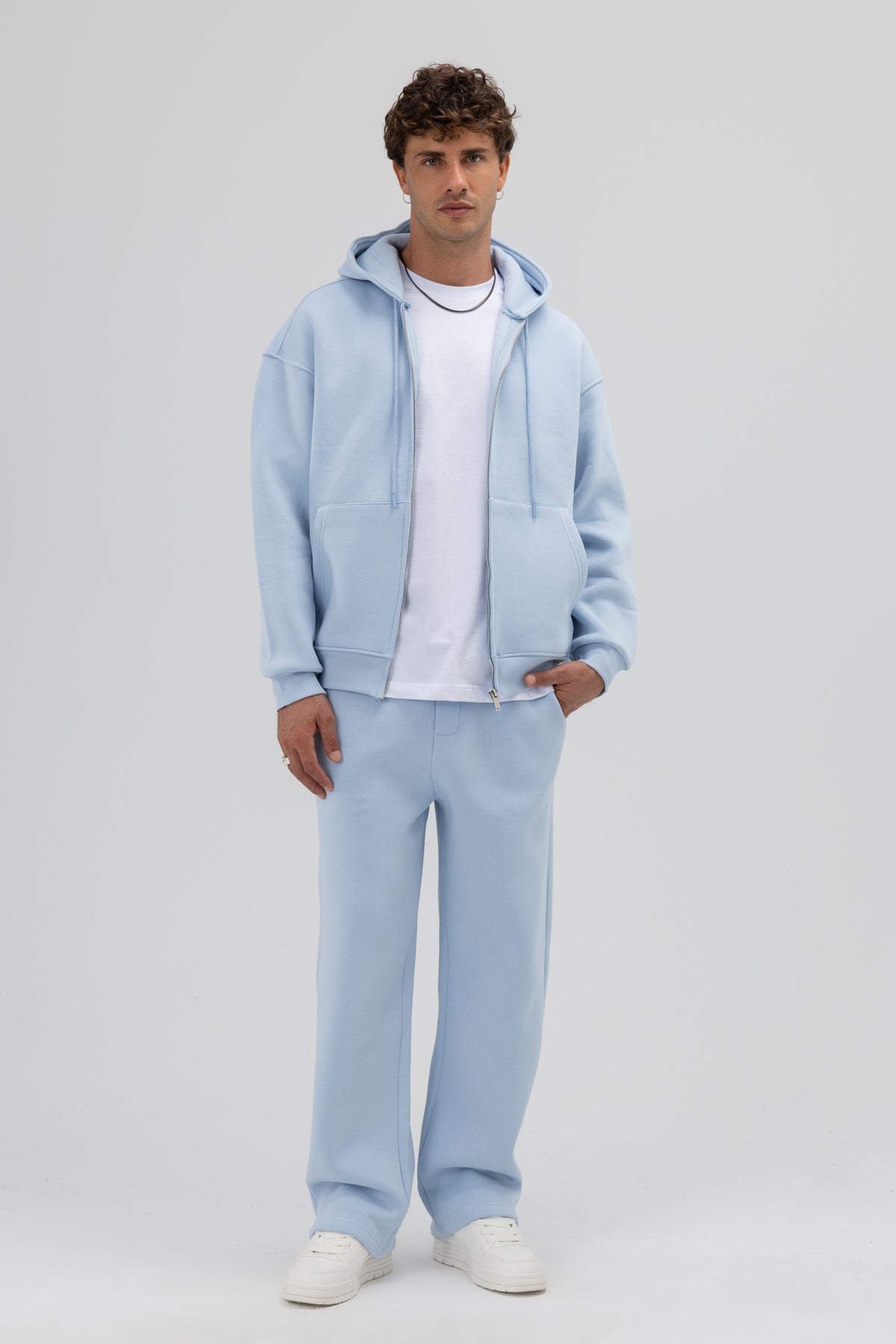 Basic Fermuarlı Oversize Kapüşonlu Sweatshirt Bebe Mavi