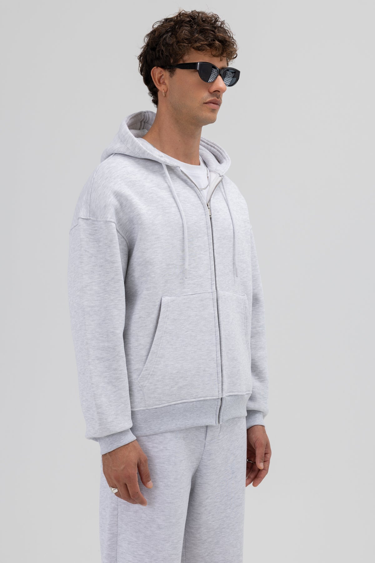 Basic Fermuarlı Oversize Kapüşonlu Sweatshirt Kar Melanj
