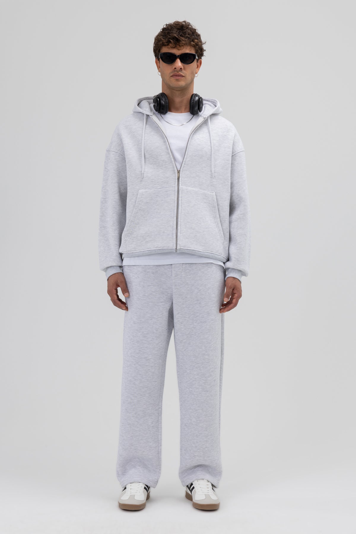 Basic Fermuarlı Oversize Kapüşonlu Sweatshirt Kar Melanj
