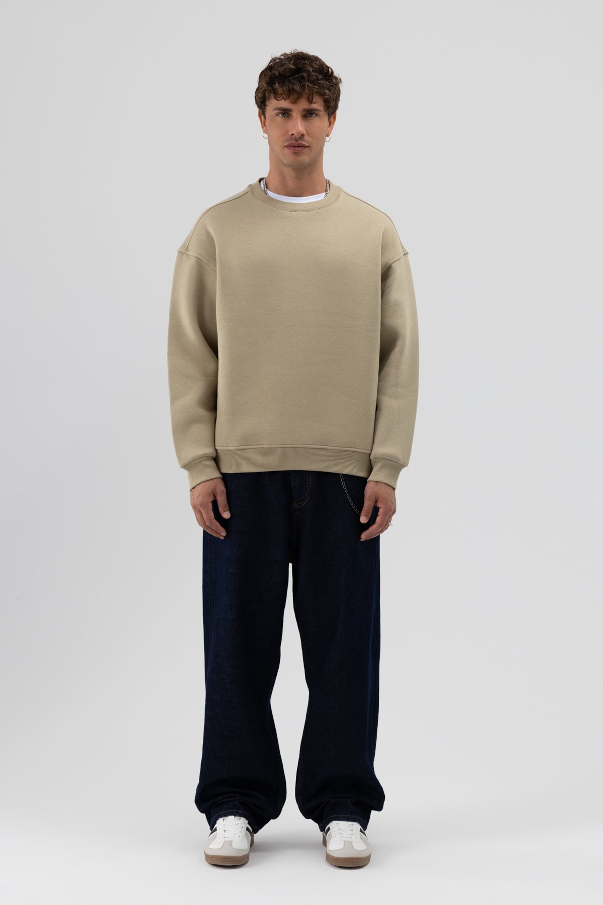 Basic Bisiklet Yaka Oversize Sweatshirt Haki