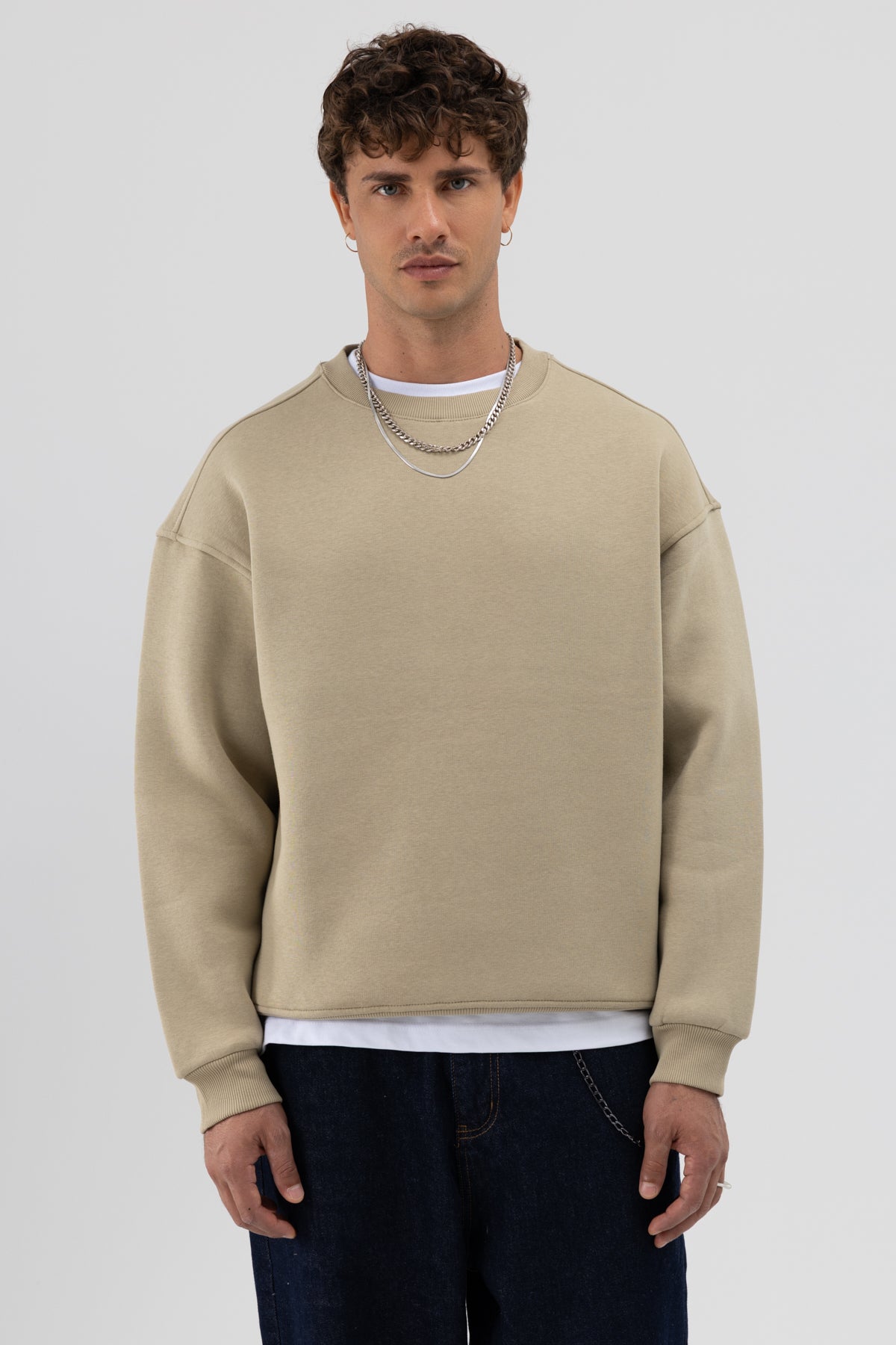 Basic Bisiklet Yaka Oversize Sweatshirt Haki