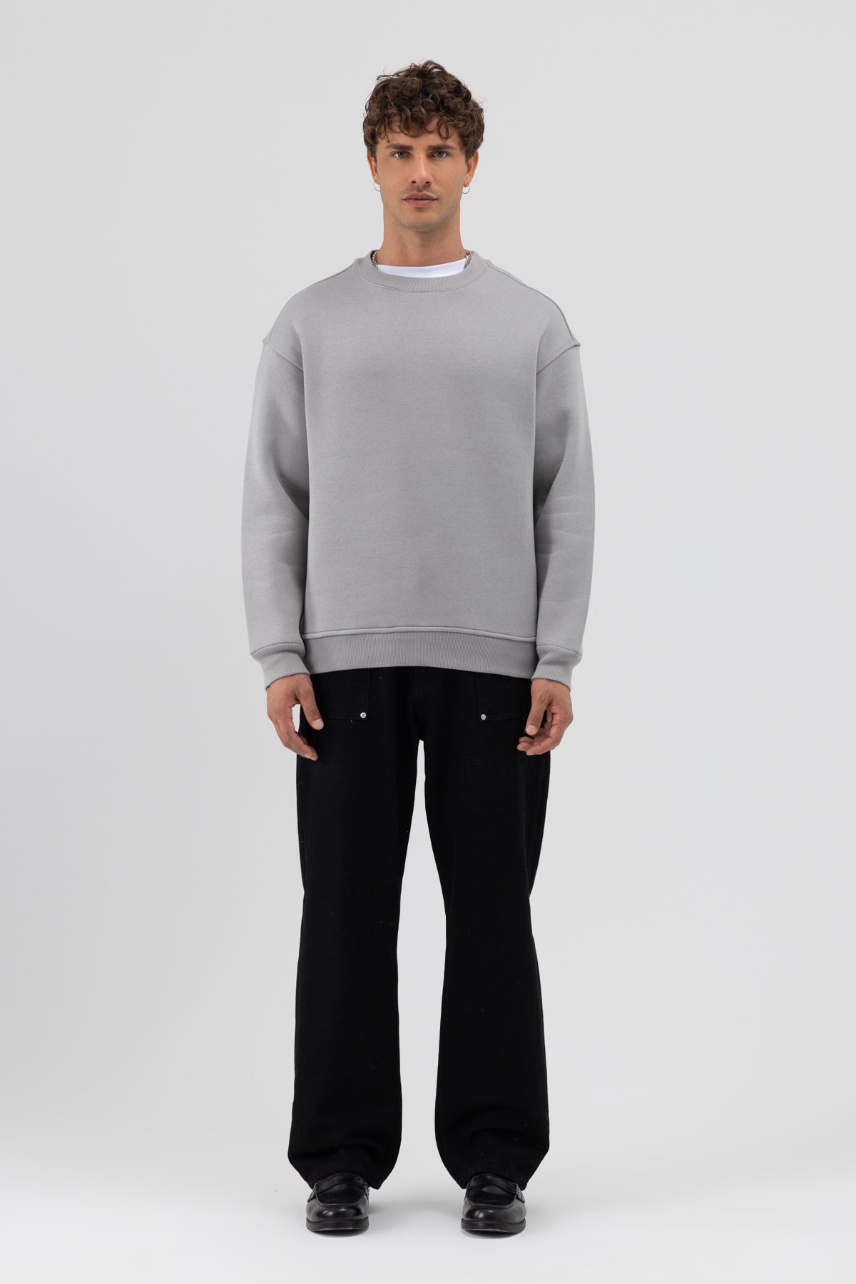 Basic Bisiklet Yaka Oversize Sweatshirt Gri