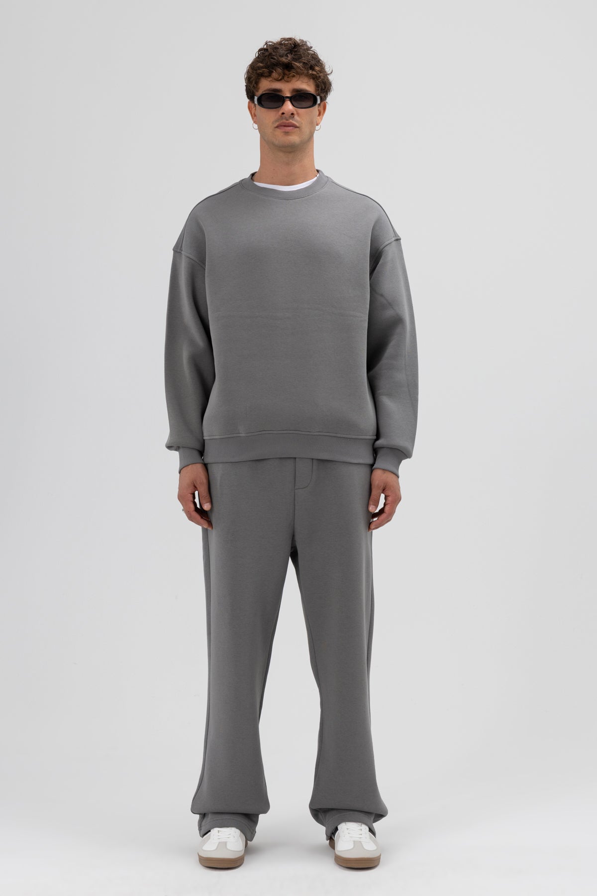 Basic Bisiklet Yaka Oversize Sweatshirt Füme