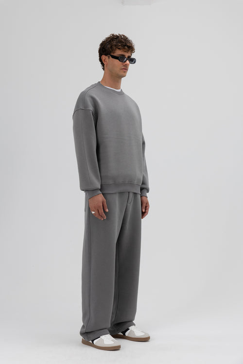 Basic Bisiklet Yaka Oversize Sweatshirt Füme