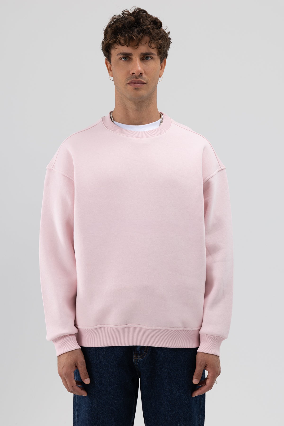 Basic Bisiklet Yaka Oversize Sweatshirt Pembe