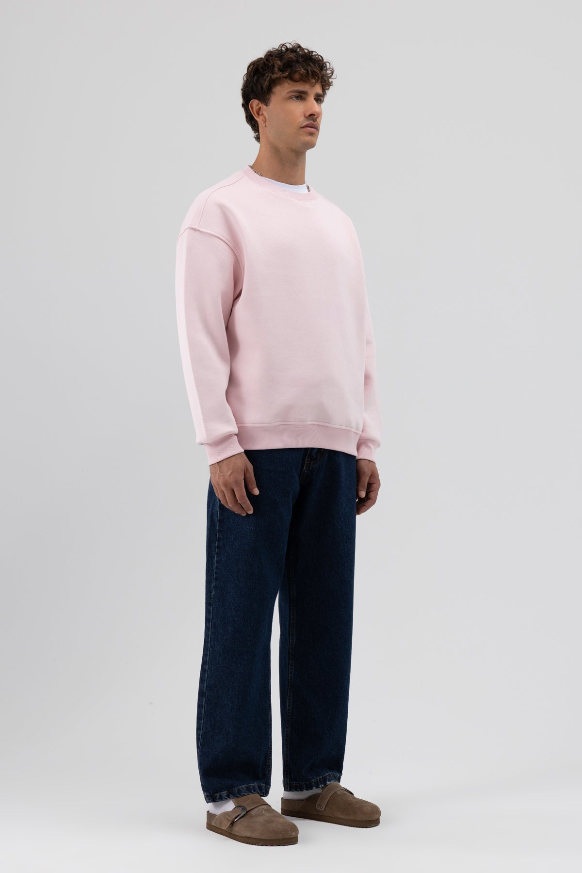 Basic Bisiklet Yaka Oversize Sweatshirt Pembe