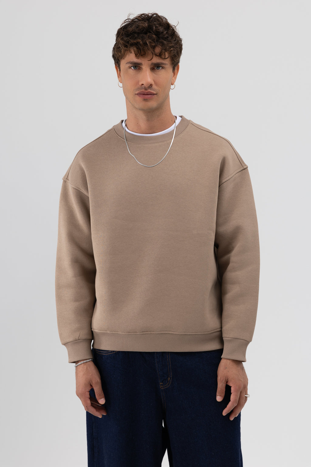 Basic Bisiklet Yaka Oversize Sweatshirt Vizon