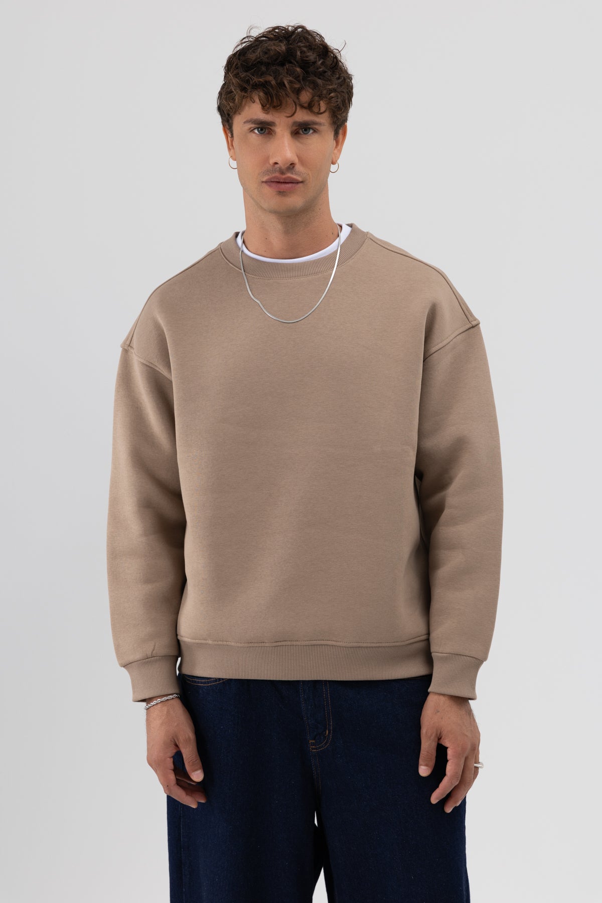 Basic Bisiklet Yaka Oversize Sweatshirt Vizon