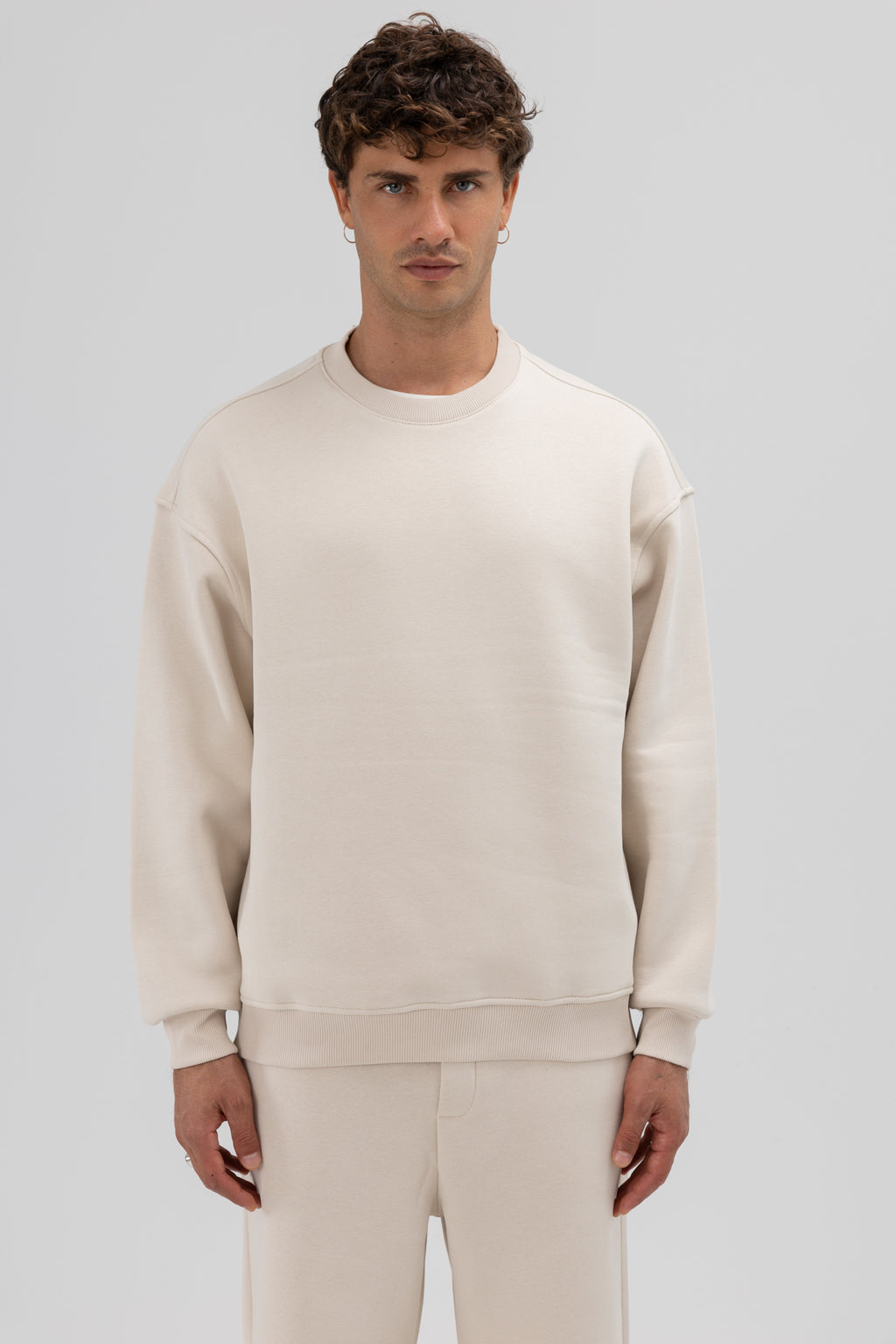 Basic Bisiklet Yaka Oversize Sweatshirt Taş