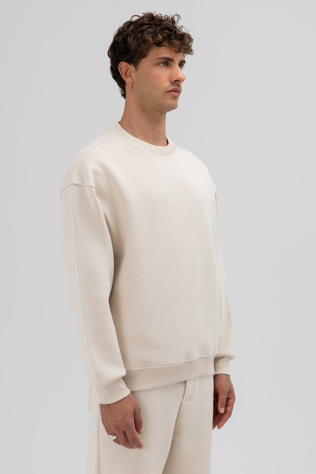 Basic Bisiklet Yaka Oversize Sweatshirt Taş