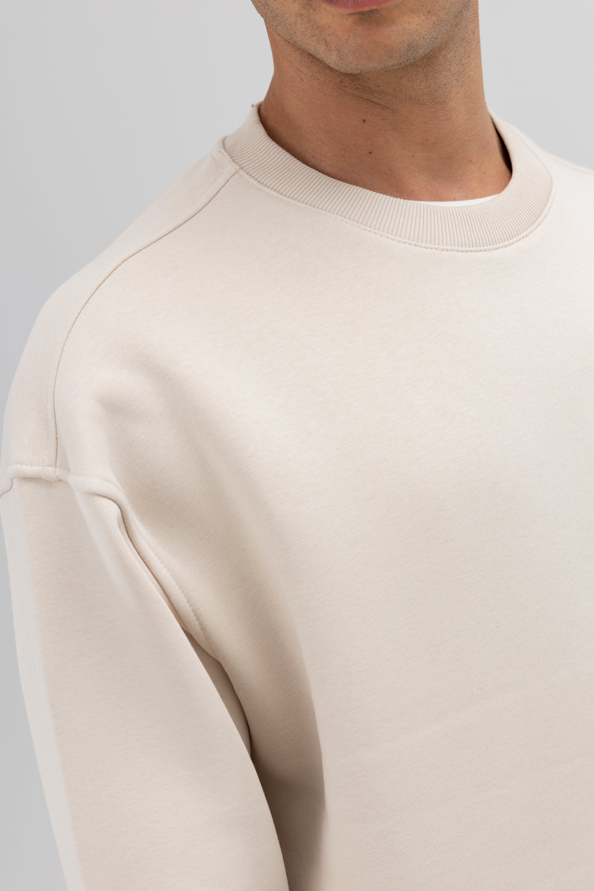Basic Bisiklet Yaka Oversize Sweatshirt Taş