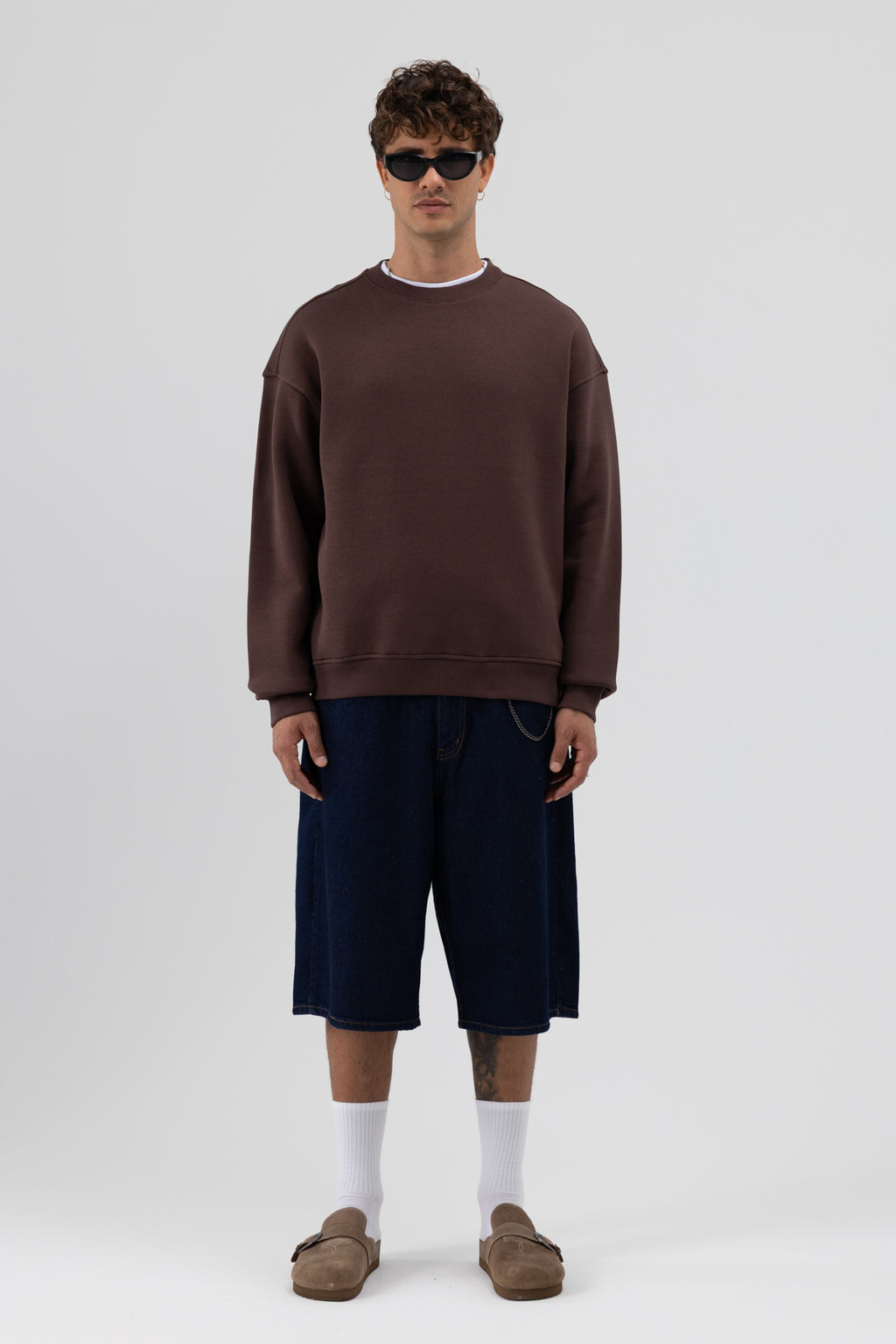 Basic Bisiklet Yaka Oversize Sweatshirt Kahve