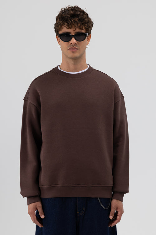 Basic Bisiklet Yaka Oversize Sweatshirt Kahve