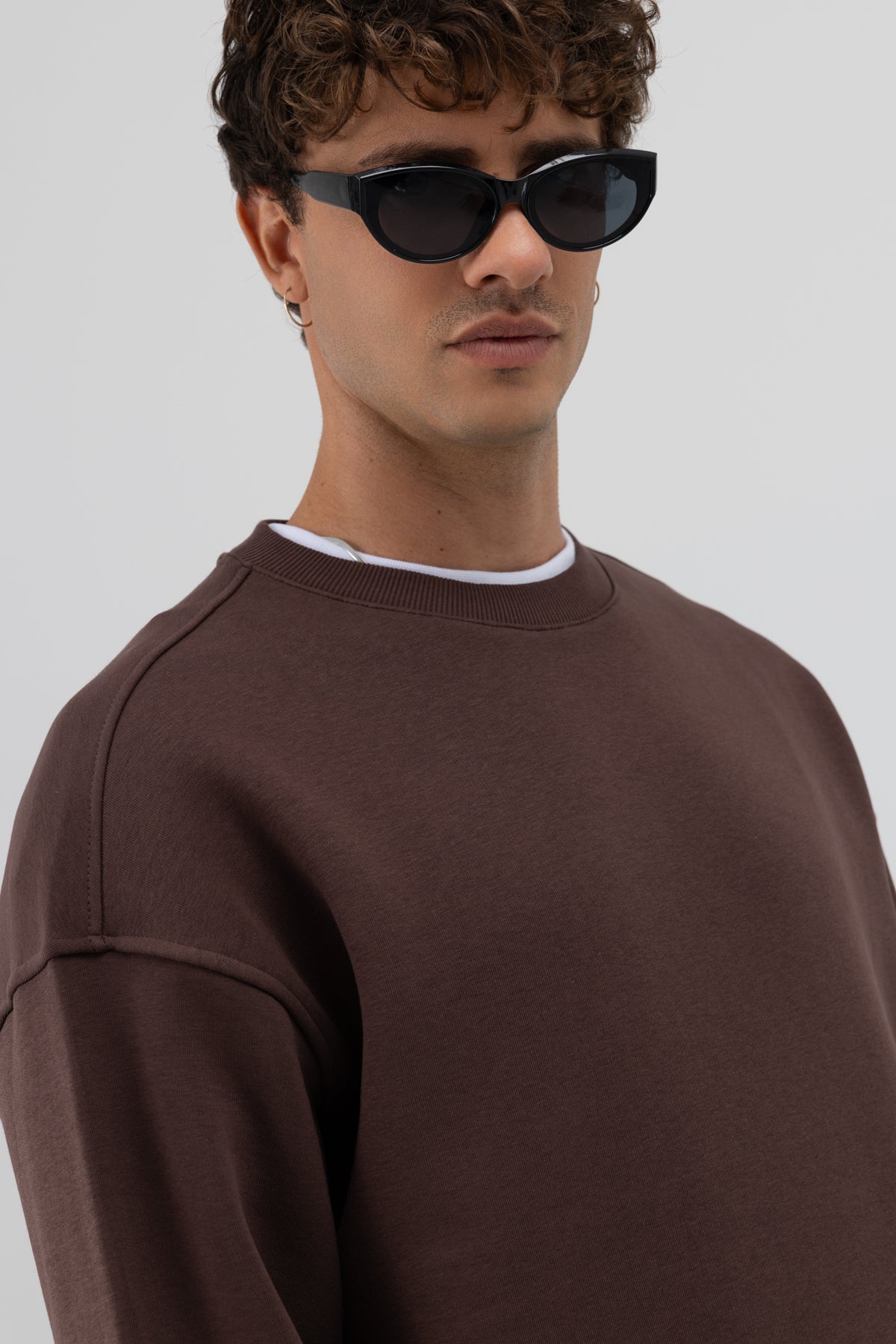 Basic Bisiklet Yaka Oversize Sweatshirt Kahve