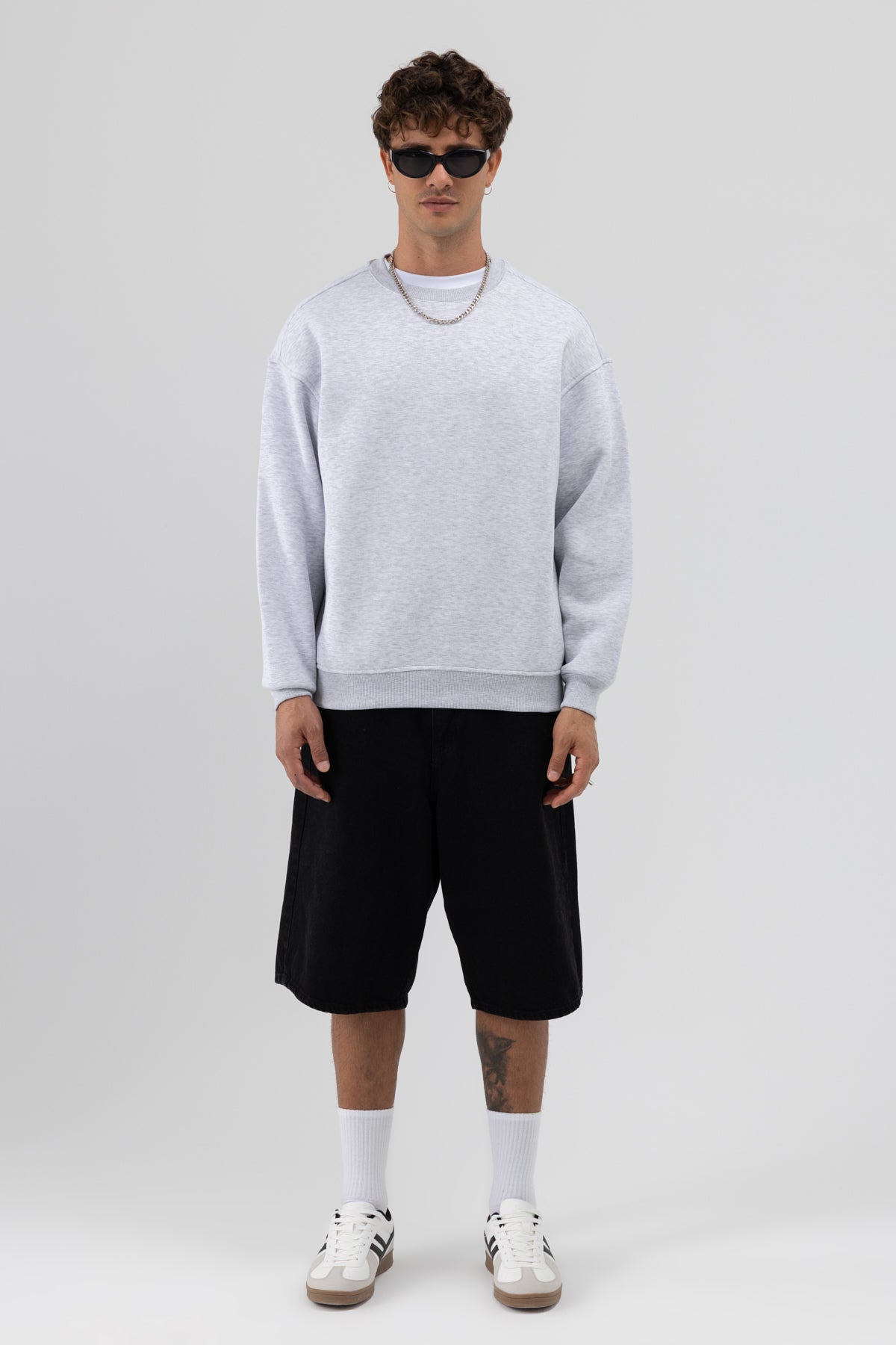 Basic Bisiklet Yaka Oversize Sweatshirt Kar Melanj