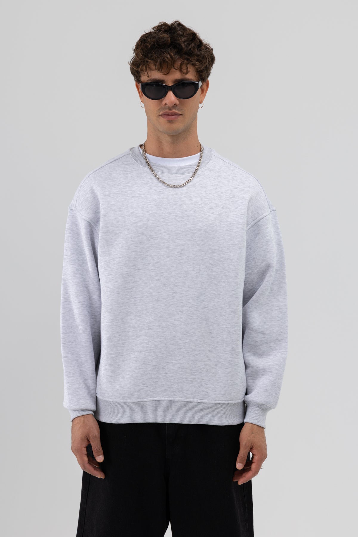Basic Bisiklet Yaka Oversize Sweatshirt Kar Melanj