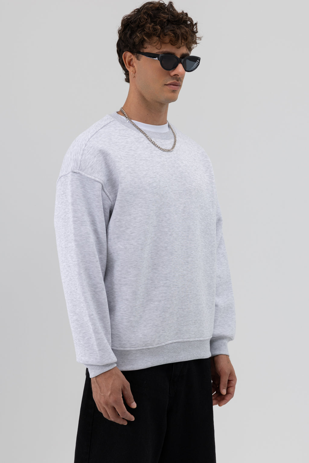 Basic Bisiklet Yaka Oversize Sweatshirt Kar Melanj