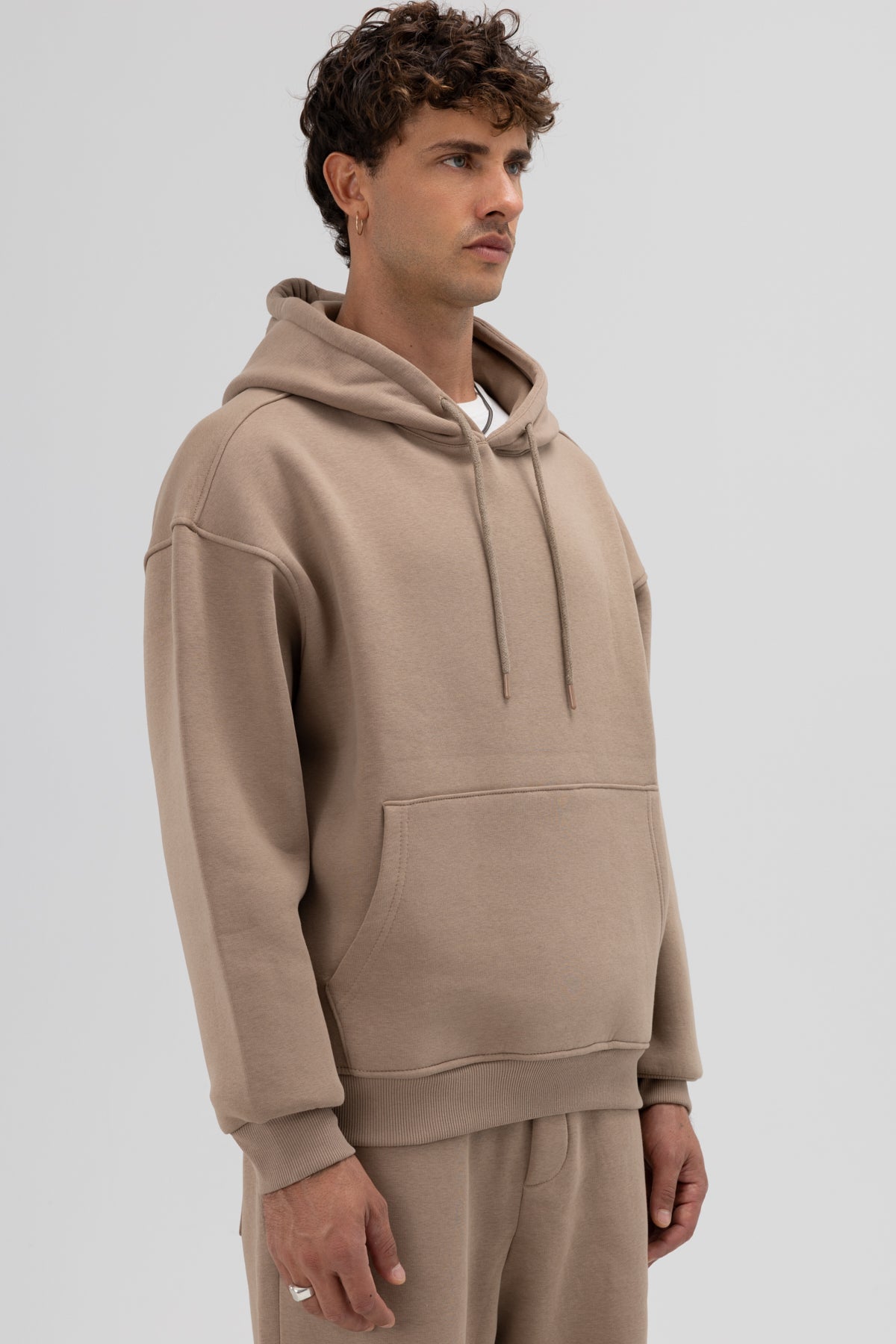Basic Oversize Kapüşonlu Sweatshirt Vizon