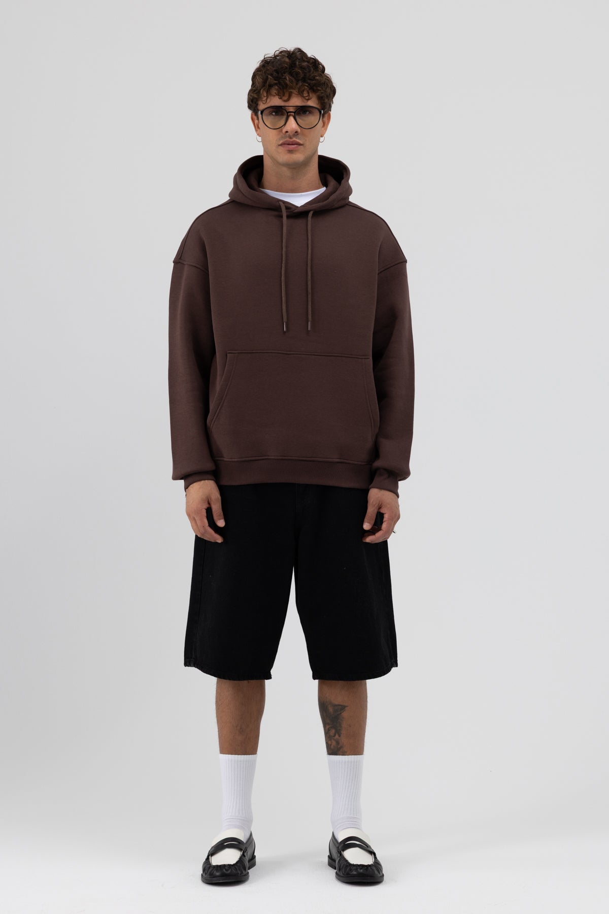 Basic Oversize Kapüşonlu Sweatshirt Kahve