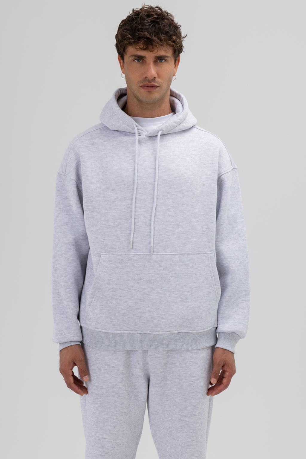 Basic Oversize Kapüşonlu Sweatshirt Kar Melanj
