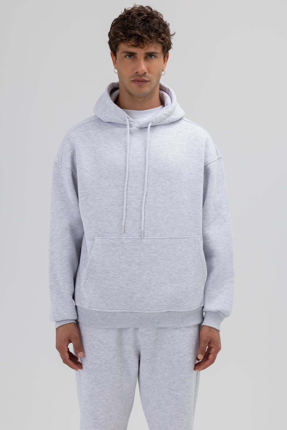 Basic Oversize Kapüşonlu Sweatshirt Kar Melanj