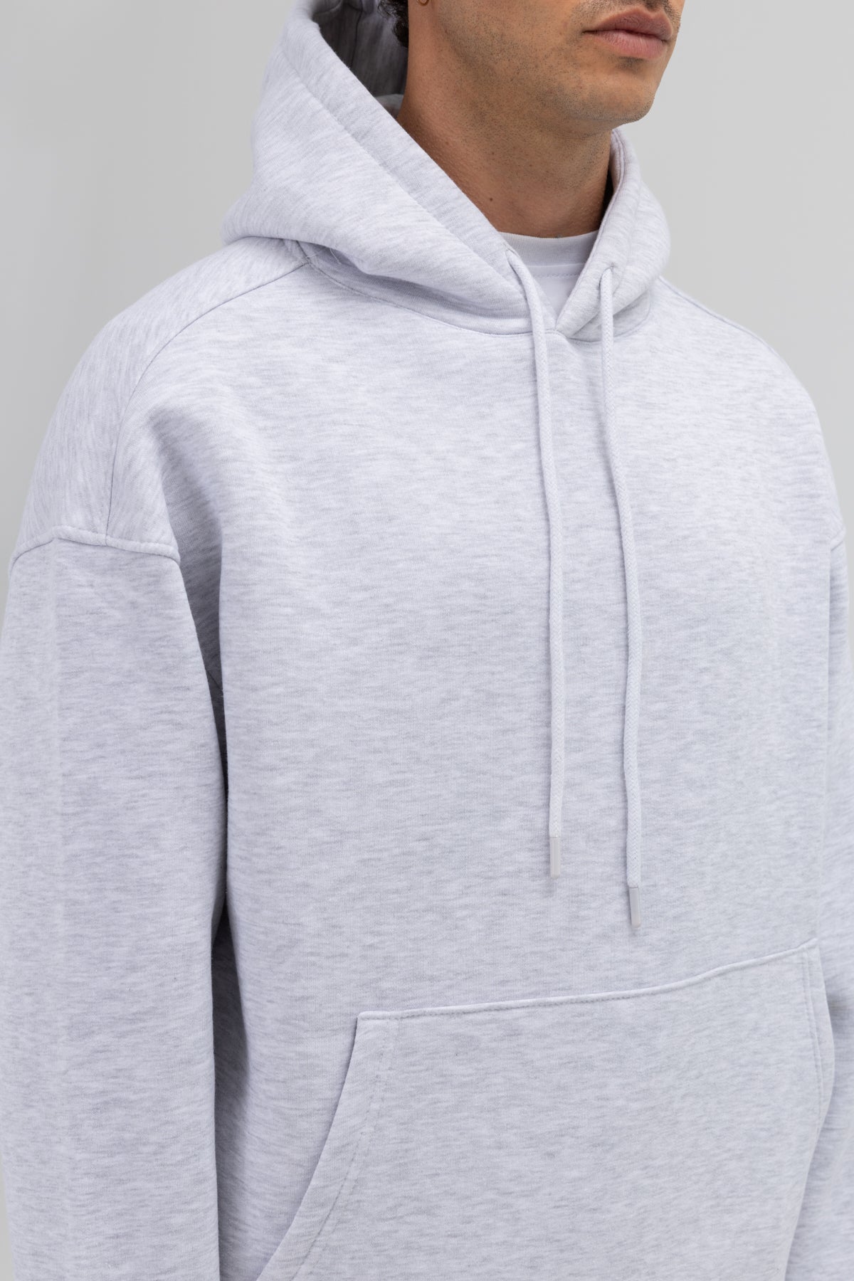 Basic Oversize Kapüşonlu Sweatshirt Kar Melanj